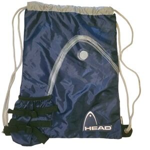 Vintage 90s HEAD Drawstring Gym Bag‎ Blue Nylon w/ Drink Holder 17x13.5
